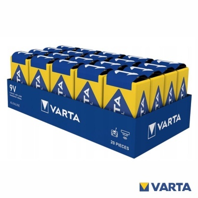 Pack de 20 pilhas Varta de 9V azul e amarelo com embalagem em caixa azul