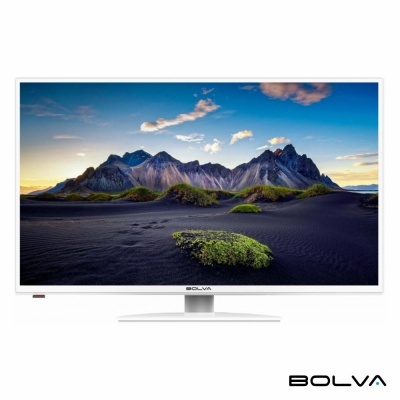 Monitor branco BOLVA com imagem de montanhas e vegetação