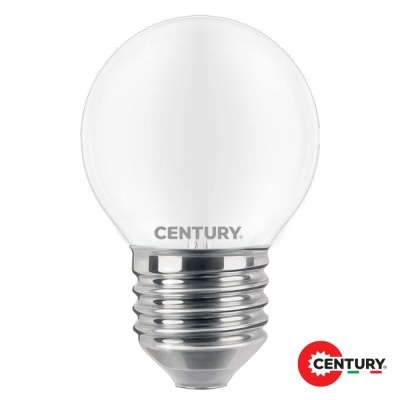 Lâmpada LED branca em forma de globo com base metálica prateada e marca CENTURY