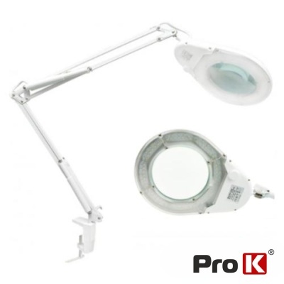 Lâmpada de mesa branca de aumento com lente circular e suporte articulado