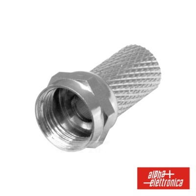 Conector coaxial metálico prateado com padrão quadriculado e logótipo alpha elettronica