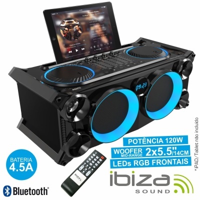 Aparelho de som preto com woofers azuis e suporte para tablet