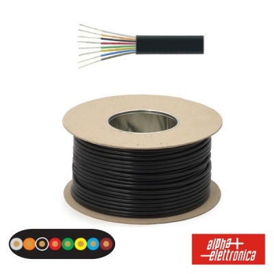 Rolo de cabo elétrico preto com fios coloridos internos e logo alpha+ elettronica