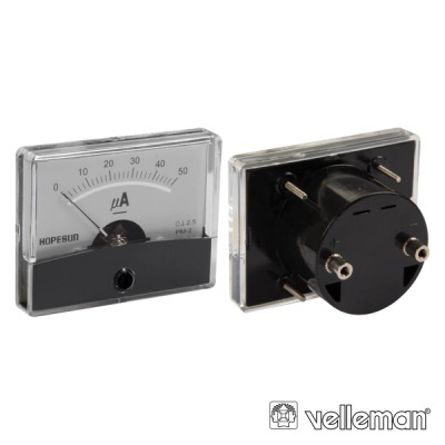 Microamperímetro analógico retangular HOPESUN com escala até 50 µA em caixa preta com visor transparente.