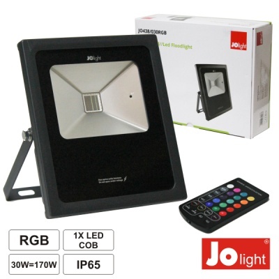 Projetor LED JoLight RGB preto com controle remoto colorido e embalagem branca