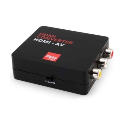 Conversor HDMI para AV da marca Alpha XT preto com conectores RCA coloridos