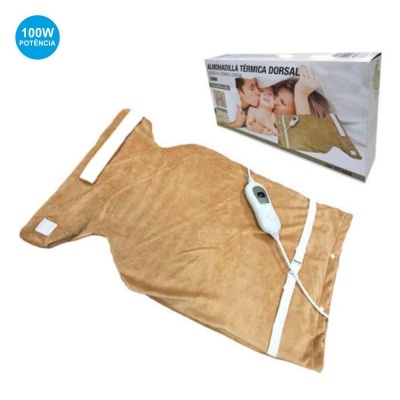 Almofada térmica dorsal bege com controlo branco e embalagem com texto e imagens
