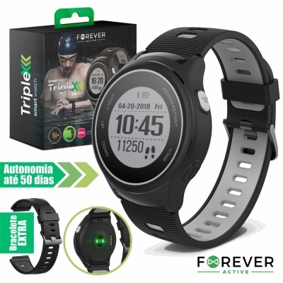 Relógio inteligente Triplex preto com mostrador digital e embalagem com nadador