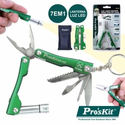 Multiferramenta verde com lâmpadas LED e bolsa preta.