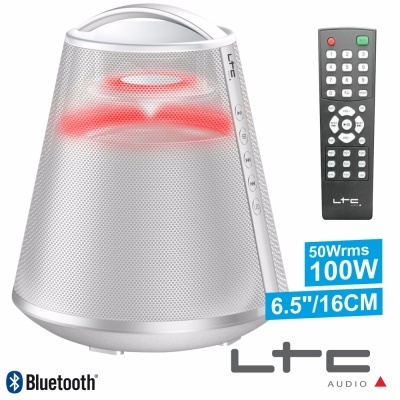 Coluna de som Bluetooth prateada LTC Audio com comando remoto preto.