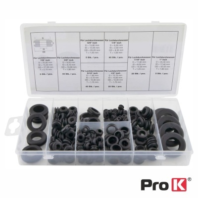 Estojo com arruelas de borracha pretas organizadas em compartimentos