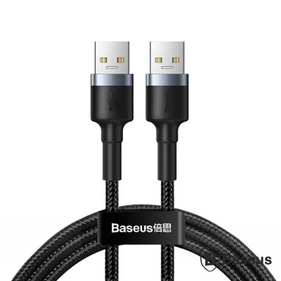 Cabo USB preto com conetores USB-A prateados e etiqueta Baseus