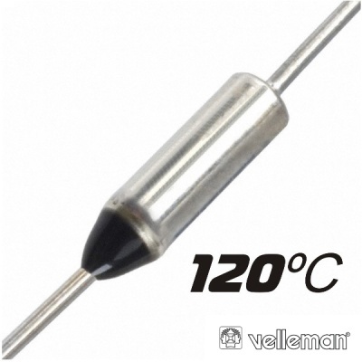 Resistor cilíndrico metálico com texto 120°C e logótipo velleman