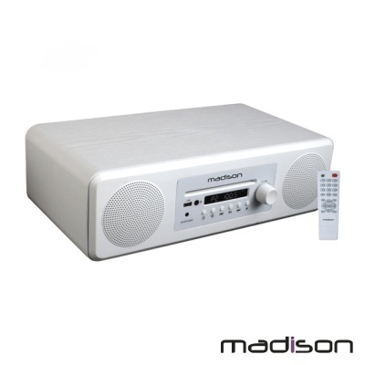 Aparelho de som branco Madison com comando remoto branco e logótipo