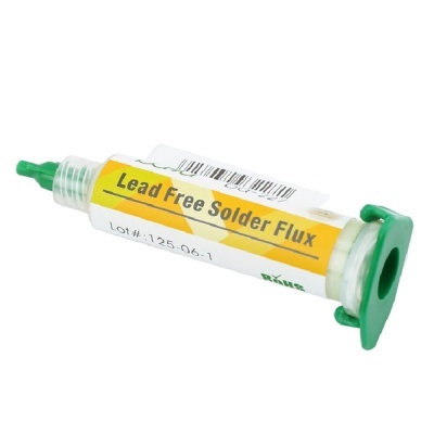 Tubete de fluxante de solda sem chumbo com etiqueta amarela e tampa verde