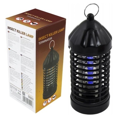 Lâmpada mata-insetos preta com luz azul e embalagem
