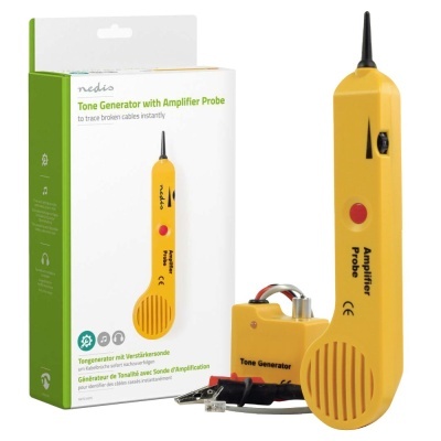 Gerador de tom amarelo com sonda amplificadora e dispositivo gerador de tom, embalagem branca e verde, fundo branco.