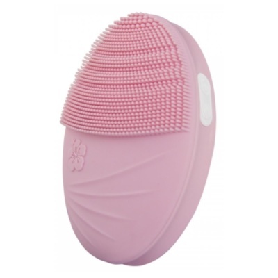 Dispositivo de limpeza facial de silicone rosa claro com cerdas e botão branco