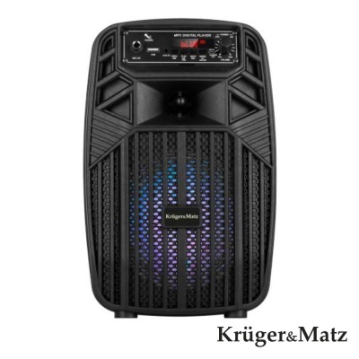 Coluna de som preta Krüger&Matz com LEDs azuis e roxos e painel superior com texto MP3 DIGITAL PLAYER.