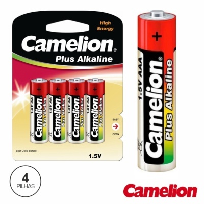 Pack de 4 pilhas AAA Camelion Plus Alkaline com embalagem colorida e pilhas individuais visíveis