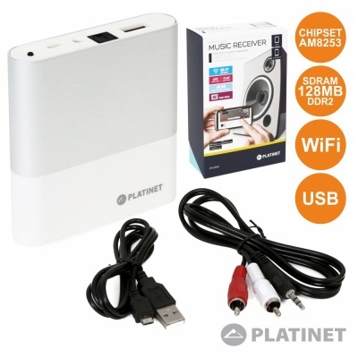 Recetor de música Platinet branco com cabos USB e áudio na embalagem