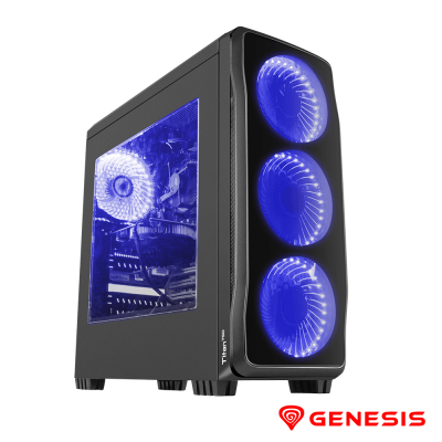 Computador de secretária com ventoinhas LED azuis em caixa preta com painel de vidro