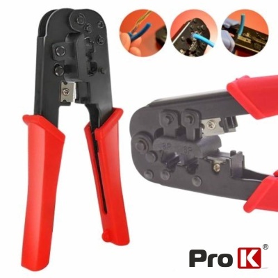 Alicate de crimpagem com punhos vermelhos e corpo preto, mostrado em várias perspetivas, acompanhado de imagens de uso e logótipo Pro K.