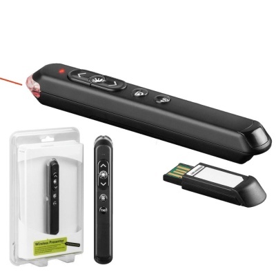 Apontador laser sem fios preto com adaptador USB e embalagem transparente