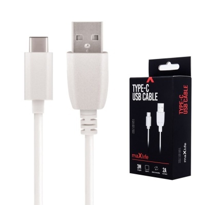 Cabo USB tipo C branco com embalagem preta