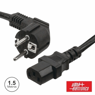 Cabo de alimentação preto com plugue e conector IEC com logótipo alpha elettronica