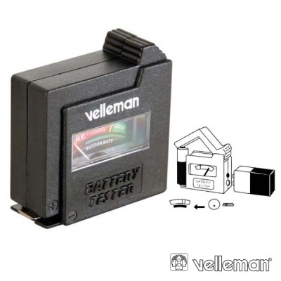 Testador de baterias Velleman preto com visor analógico e diagrama de uso