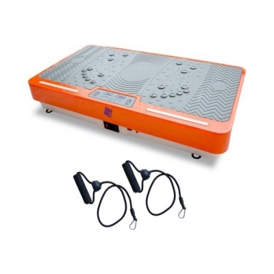 Plataforma vibratória laranja com superfície cinzenta e elásticos de resistência pretos
