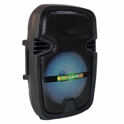 Coluna portátil preto com iluminação azul e grelha frontal de metal