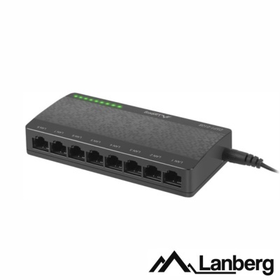 Switch de rede Lanberg preto com 8 portas Ethernet e indicadores LED verdes
