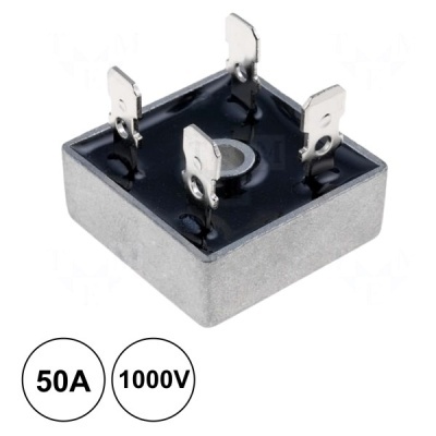 Ponte retificadora metálica quadrada com 4 terminais e inscrições 50A 1000V