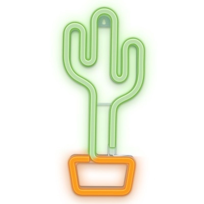 Neon decorativo em forma de cacto verde com vaso laranja