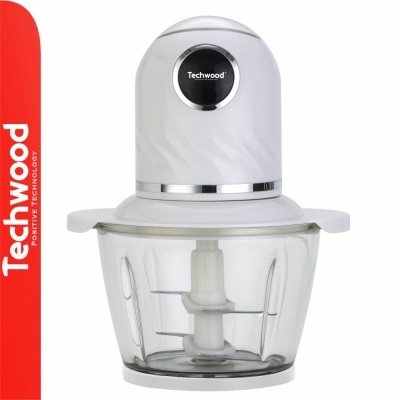 Picadora elétrica Techwood branca com base de vidro e lâminas metálicas