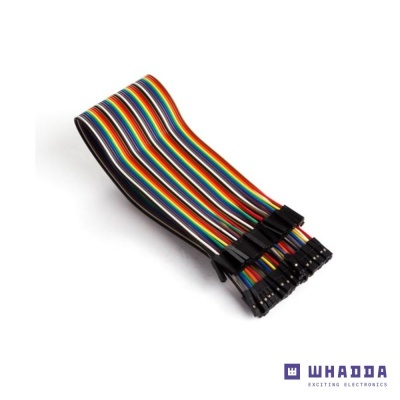 Cabo plano colorido com terminais pretos, fundo branco, logotipo WHADDA