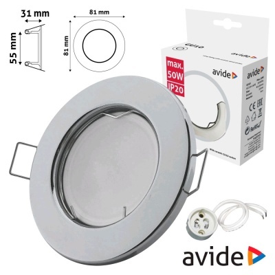 Luz de embutir redonda prata com vidro fosco e embalagem marca avide