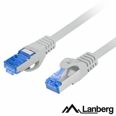 Cabo de rede LAN branco com conectores RJ45 azuis e logotipo Lanberg