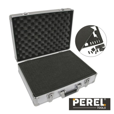 Mala em alumínio com interior em espuma preta moldada e logo PEREL TOOLS