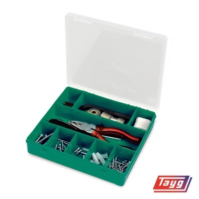 Estojo verde com ferramentas e parafusos organizados