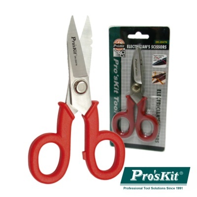 Tesouras Pro'sKit elétricas com cabos vermelhos e embalagem