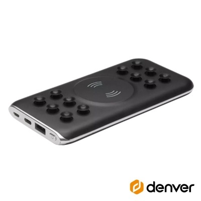 Carregador portátil preto com ventosas e símbolo de carregamento sem fios