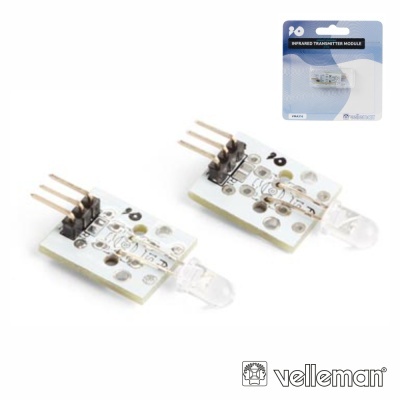 Dois módulos transmissores infravermelhos com PCB branca e embalagem azul e branca.