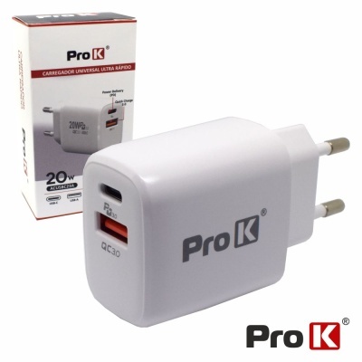 Carregador rápido Pro K branco com duas portas USB e embalagem