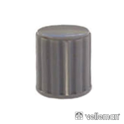 Botão cinza metálico canelado com superfície lisa e logótipo Velleman