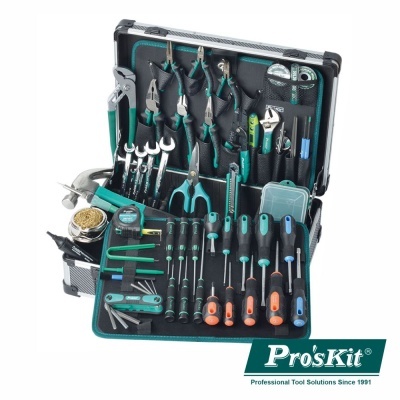 Estojo de ferramentas Pro'sKit verde e preto com várias ferramentas organizadas