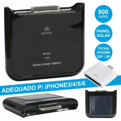 Carregador portátil preto para iPhone com painel solar e capacidade 800 mAh