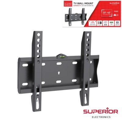Suporte de parede para TV preto com embalagem da marca Superior Electronics